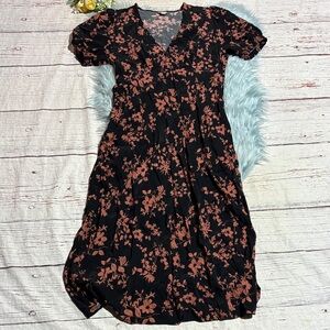 A New Day Black and Brown Crepe Floral Midi Dress sz L